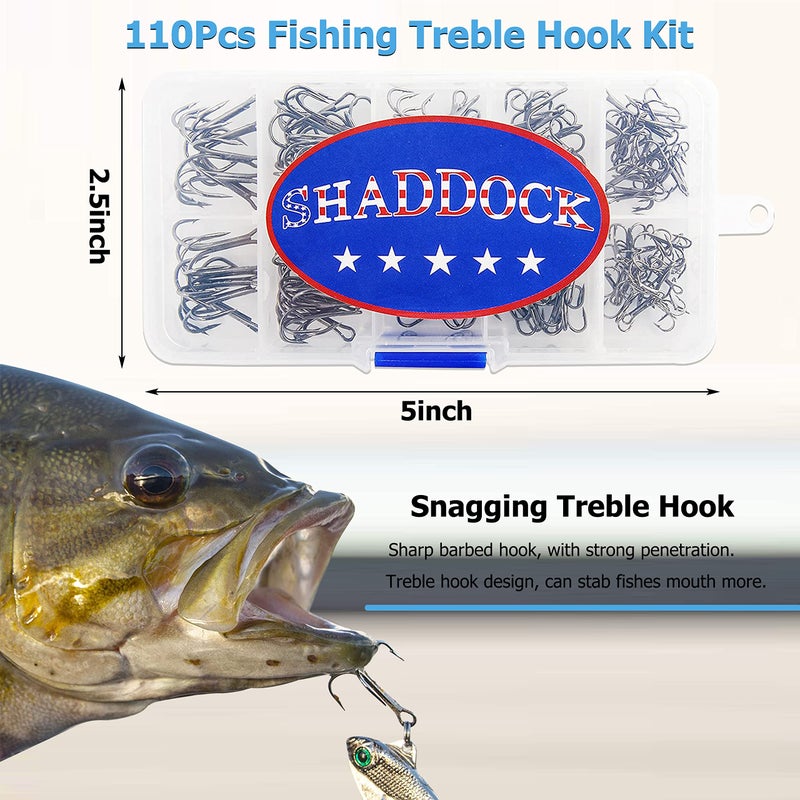 Shaddock Fishing طقم خطاطيف صيد ثلاثية من الفولاذ الكربوني العالي - مجموعة حلقات خطاطيف صيد ثلاثية قوية وحادة للسمك السلمون وسمك الباس وسمك القط - طعوم ومواد طعم للمياه العذبة والمالحة، 110 قطعة، الحجم 4 6 8 10 12 14 - Image 5